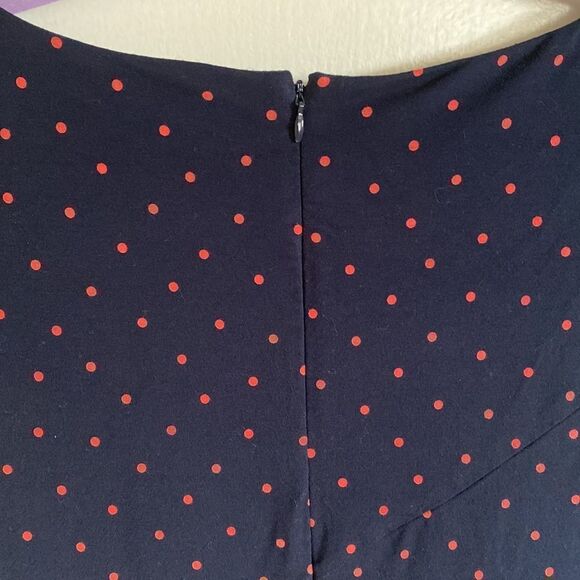 Ann Taylor Navy Polkadot Lined Dress with side ruching detail. - Size 10 - Picture 7 of 10